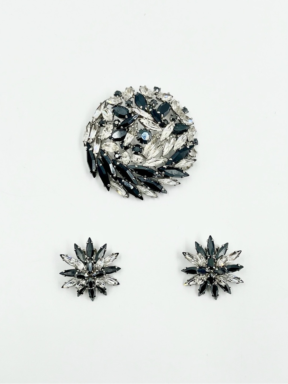 Vintage 1950s Sherman Black & Clear Marquise Swarovski Crystal Brooch & Clip Ear